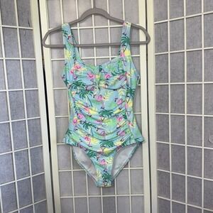 NWOT Bathing Suit One Piece Swimsuit Flamingo Floral Green Resort Swim Sz Small